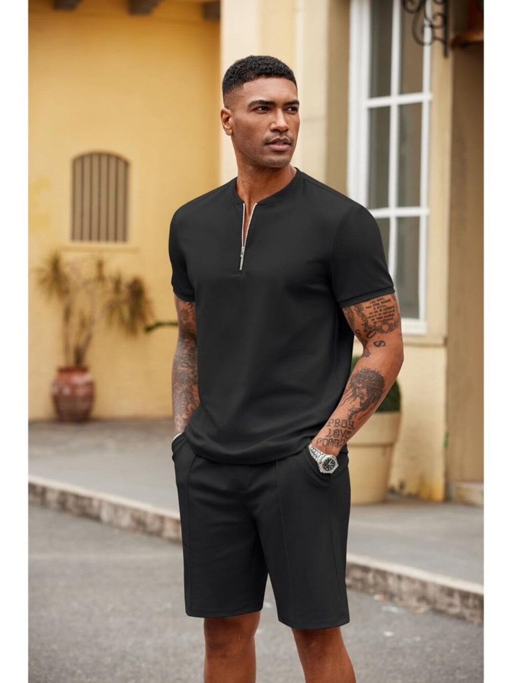 Coofandy Men's 01-black Polyester Shorts Zip Polo T Shirt 2 Pieces Tracksuit - Picture 3 of 6